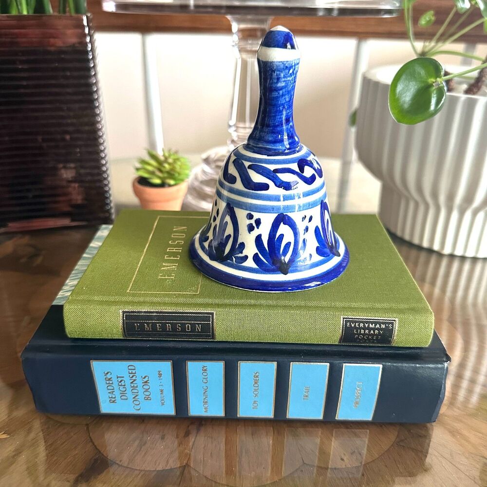 Vintage Hand Painted Ceramic Bell, Blue & White Talavera Style, Made in Spain